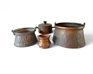 127 VintageCopperMetalPotswEmbossedDesignsLid4Pcs