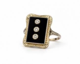 39 AntiqueArtDecoDominoRingBlackOnyx3Diamonds9K10K7g