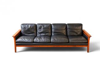 54 MidCenturyModernDanishBlackLeatherWoodSofa