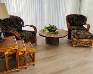 Palm Springs Rattan Chairs & Ottoman, Nesting Tables