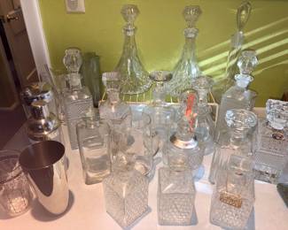Vtg Diamond Cut Pressed Glass Decanter Set W/2 Gold Tags, Vtg Bohemia Czechoslovakia Lead Crystal P Britany Collection Pressed Glass Decanter, Vtg Style Martini Cocktail Shaker, Vtg Anchor Hocking Cocktail Pitcher W/Stirrer, Vtg Etched Glass pitcher, Etc!