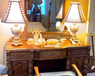 Antique Jacobean Revival Style Vanity Burled Wood Drawer Faces c. 1920s-40s!