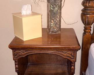 Antique Jacobean Revival Style Nightstand Burled Wood Drawer Faces c. 1920s-40s
