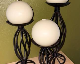 Set Of 3 Wrought Iron Candle Holders W/Round Orb Candles!
