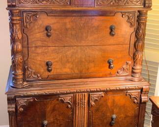 Antique Jacobean Revival Style Highboy Burled Wood Drawer Faces c. 1920s-40s!