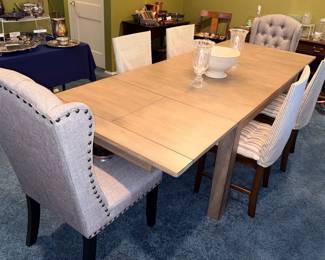 Farm House 5’ 4”x8’ 3” Table w/2 Gray Upholstered Tufted Wing Back Dining Chairs & 4 Slip Covered Chairs w/Self Storing Leaves!