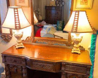 Antique Jacobean Revival Style Vanity Burled Wood Drawer Faces c. 1920s-40s!