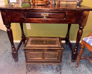 Wood Box on Wrought Iron Base, Antique Walnut Writing Desk!