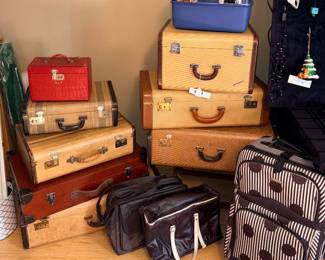 Vtg Tweed Leather Hard Shell Suit Case, House Of York Red Vanity Case, Tan Tweed W/Strips Hard Shell Suitcase, Vtg Tweed Leather Hard Shell Suit Case, Tan Tweed W/Strips Hard Shell Suitcase, Faberge Computer Case,  MCM Thermo-Keppy By Nappy USA Cooler Bag, Prodigy Rolling Suitcase W/Polka Dots, Tan Tweed Leather Trim Hardshell Suitcase Garfield USA, Vtg Blue Samsonite Travel Hard Shell Train Case, Wooden Decorative Suitcase!
