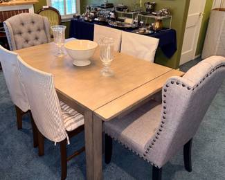 Farm House 5’ 4”x8’ 3” Table w/2 Gray Upholstered Tufted Wing Back Dining Chairs & 4 Slip Covered Chairs w/Self Storing Leaves!
