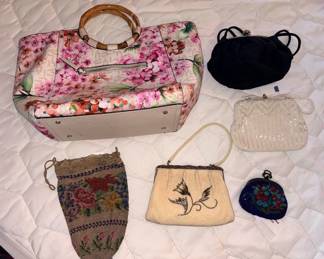 Dana Buchman Floral Hydrangea Purse W/Bamboo Handles, Vtg Beaded Evening Clutch, Antique Micro Beaded Reticule Drawstring Purse Floral Design, Vtg Art Deco Seed Beaded Floral Change Purse, Vtg Blk Crepe Evening Bag!