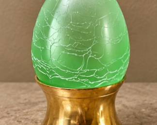 Green Crackle Glass Egg — Translucent green glass with crackled finish and brass display stand.