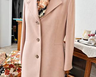 Women's Blush Pink Tailored Coat ◆ Knee-length styling ◆ Notched lapels ◆ Three-button front ◆ Side pockets ◆ Coordinating animal-print scarf