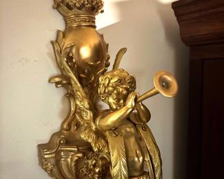 Pair of Two Candle Beautiful Gilt Bronze Putti Sconces Blowing Trumpets