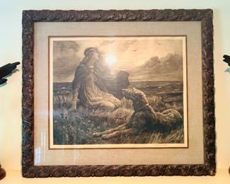 Signed Engraving of Women & Dog