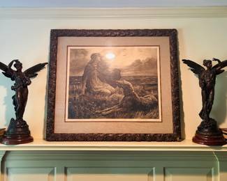 Pair of Bronze Angel Statues on Wooden Bases w/ Engraving of Women & Dog