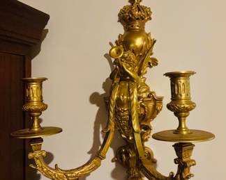 Pair of Two Candle Beautiful Gilt Bronze Putti Sconces Blowing Trumpets