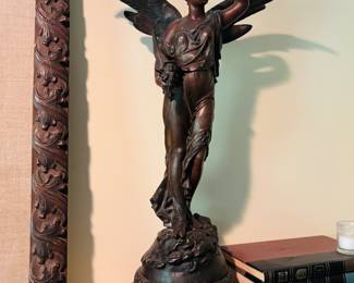 Pair of Bronze Angel Statues on Wooden Bases