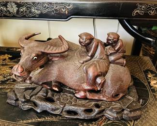 Pair of Chinese Carved Wood Sculptures of Bull w/Men