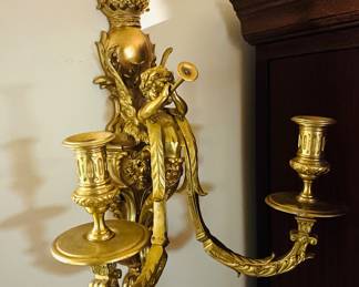 Pair of Two Candle Beautiful Gilt Bronze Putti Sconces Blowing Trumpets