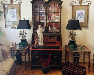 Black Lacquered Chinoiserie Sectaries Desk & Pair of Faux Bamboo Side Tables