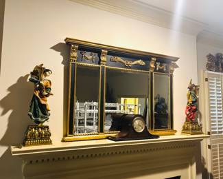 Beautiful Black & Giltwood Mirror, Pair of Giltwood Angels, & Mantle Clock