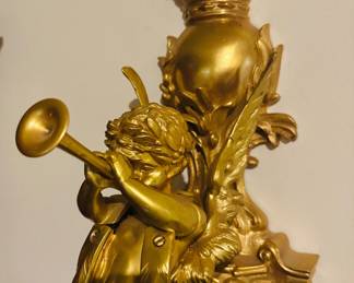 Pair of Two Candle Beautiful Gilt Bronze Putti Sconces Blowing Trumpets