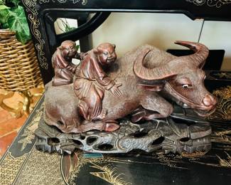 Pair of Chinese Carved Wood Sculptures of Bull w/Men