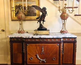 French Chest, Bronze Statue, 19th Century Painting, and Pair of French Candlabra Lamps
