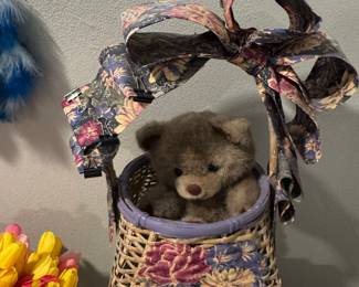 Vintage Wicker Basket with Floral Bow and Teddy Bear