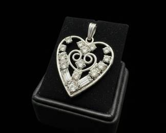 Vintage Sterling Silver Filigree Heart Pendant with Rhinestones