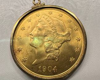 1904 Liberty Head $20 Double Eagle Gold Coin Pendant