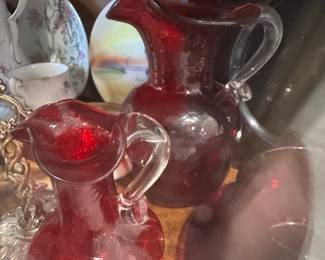 Vintage Ruby Red Crackle Glass Pitchers