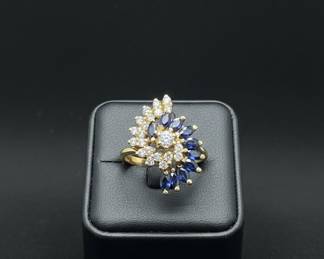 14K Gold Marquise Sapphire and Diamond Swirl Cocktail Ring