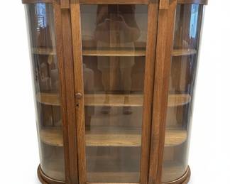 Antique Tiger Oak Curved Glass Curio Cabinet