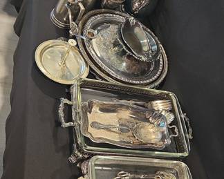 Assorted Silverplate Serving Collection with Glass-Bottomed Trays