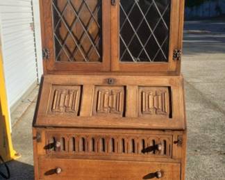 Antique Tudor Oak Leaded Glass Bookcase Secretary
