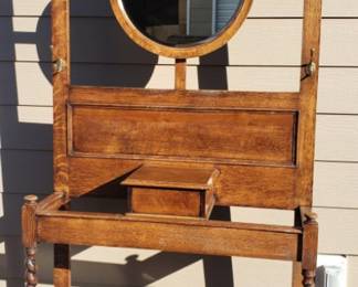 Antique Oak Hall Tree with Mirror and Hooks