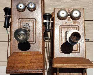 Pair of Oak Wall-Mounted Crank Telephones