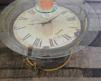 COFFEE TABLE BRASS AND GLASS WITH CLOCK FACE DECOR