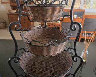 TIERED DISPLAY RACK IRON AND WICKER