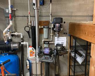outdoor heater (like new!), grinder on stand, drill press on stand