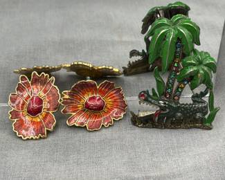 Enameled Jewelry, Gator with Palm Tree, flowers