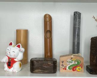 Japanese Decorative Collection: Maneki-neko, Ikebana Bamboo Vessels, and Ema