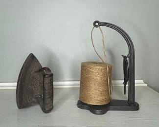Vintage Cast Iron Sad Iron and Twine Holder with Scissors