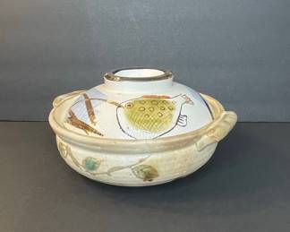 Vintage Japanese Donabe Clay Pot with Pufferfish Motif