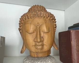 Hand-Carved Wooden Buddha Head Sculpture