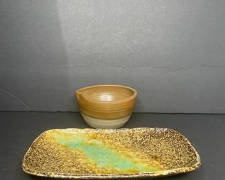 Studio Pottery Rectangular Platter and Spouted Bowl