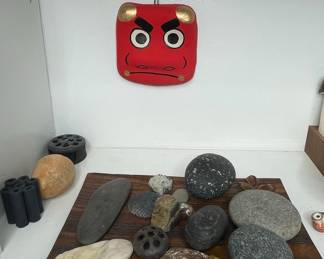 Japanese Akaoni Mask and Decorative Stone Collection