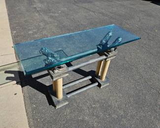 Lot #78 CK078. Classical Lion Column Glass-Top Sofa Table, Inch-Thick Glass